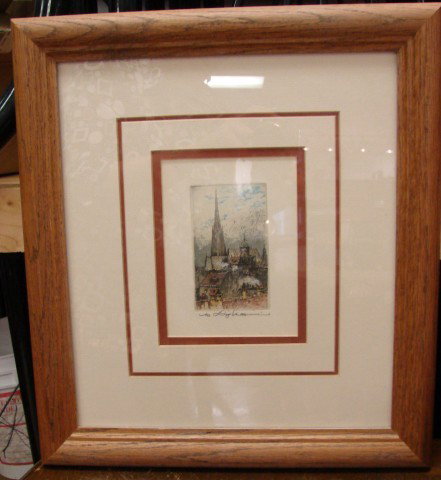 Signed Luigi Kasimir Aquatint Etching - Framed: Signed Luigi Kasimir (Austrian 1881-1962) Aquatint Etching, Triple Matted & Framed under glass; etching is 2.5" x 4.2;: framed = 14" x 16".
