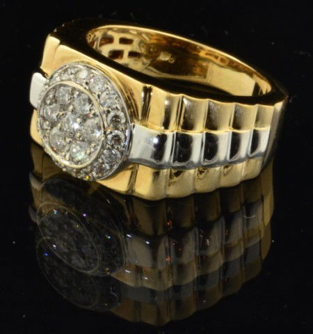 14k Mans "Rolex" Style Diamond Cluster Ring: 14k Two Tone Mans "Rolex" Style Diamond Cluster Ring, 7 major center diamonds .35ctw, 16 side diamonds .16ctw, Color. H-I, Clarity SI ,size 9 1/2, 13.8gr