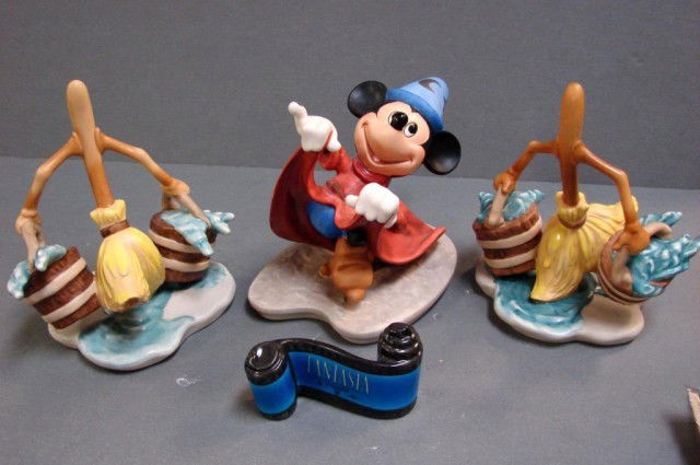 Disney Fantasia 2 Bucket Brigade & Mickey Figs.: 2 Bucket Brigade figurines, Mickey Mouse "Mischievous Apprentice" figurine and the film reel plaque, from Walt Disney's Fantasia, with COA's; no box. No chips.
