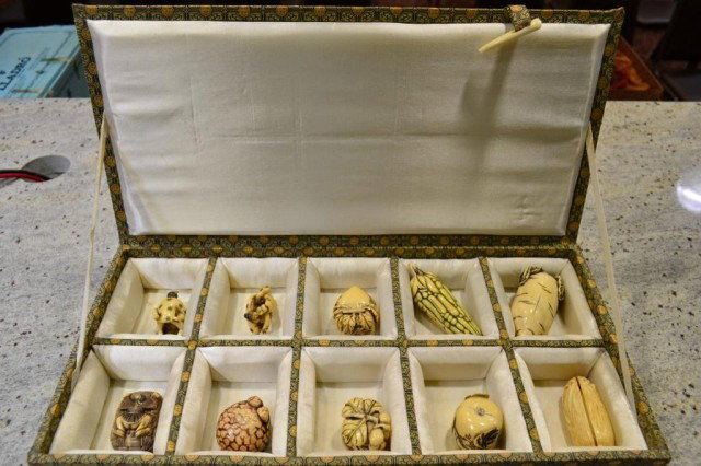 10 pcs. Ivory Netsuke - Erotica: 10 pcs. Ivory Netsuke - Erotica, in fitted case. Most are two pieces with the erotica on the inside.