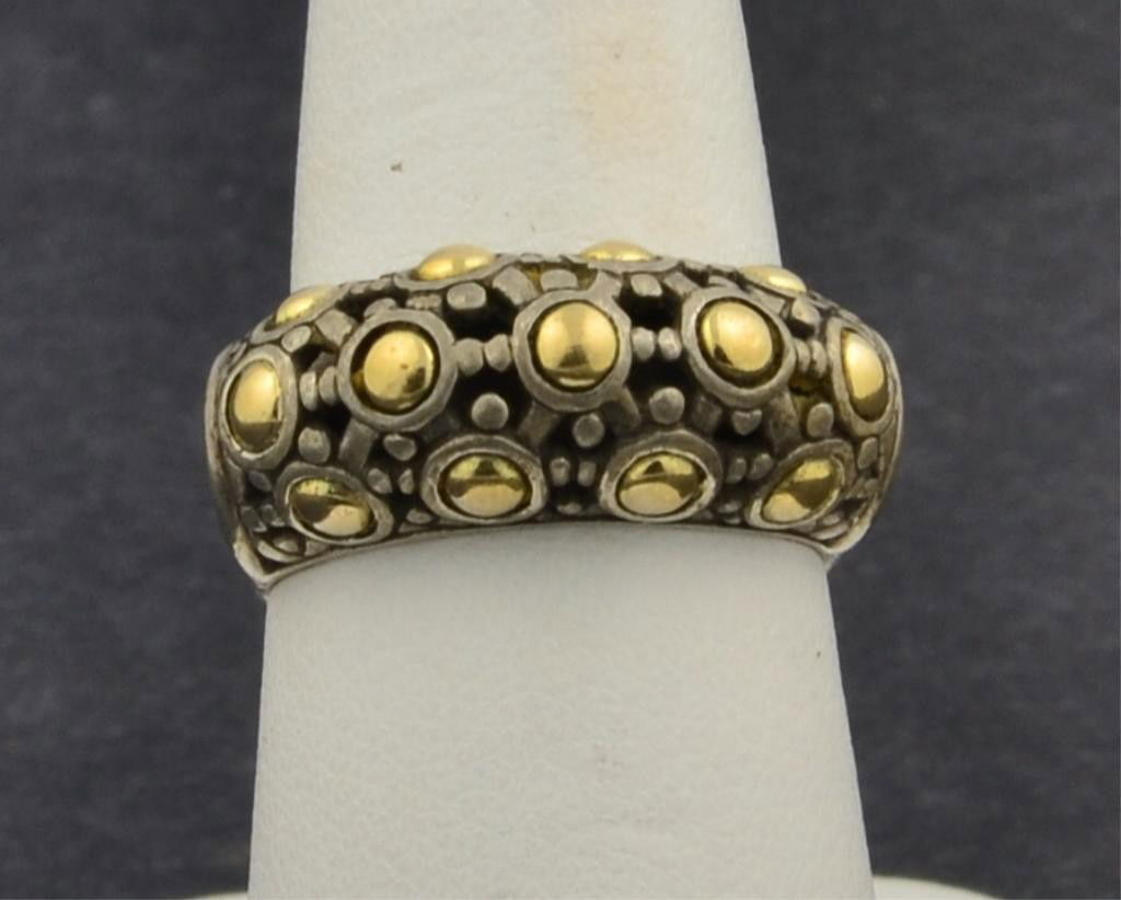 Assorted Sterling Rings by John Hardy: Assorted Sterling Rings by John Hardy. Three rings total. One flips with Green top. size 5, One has Black inlayed stones. size 7, One is 18k and Silver, size 7, 25.5gr in the original Box.