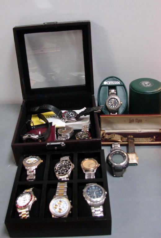 Lot of 14 Men's Watches & Storage Box: 14 Men's watches & storage case. Several still working; others may just need a battery (except for 2 in Lord Elgin box.) In case: Chase Durer, 2 Invicta, Citizen, 2 Seiko, Cascio, Edward Lynn