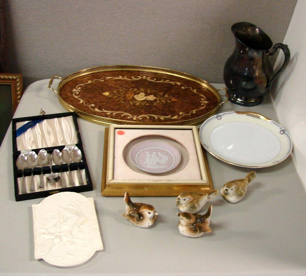 Lot: Italian Marquetry Tray, Sheffield Spoons, etc: Lot: Italian Marquetry Serving Tray, Box of Silver Plate Sheffield Grapefruit Spoons, 4 porcelain birds, Rogers silver plate pitcher, Noritake cake plate, 2 plaques.