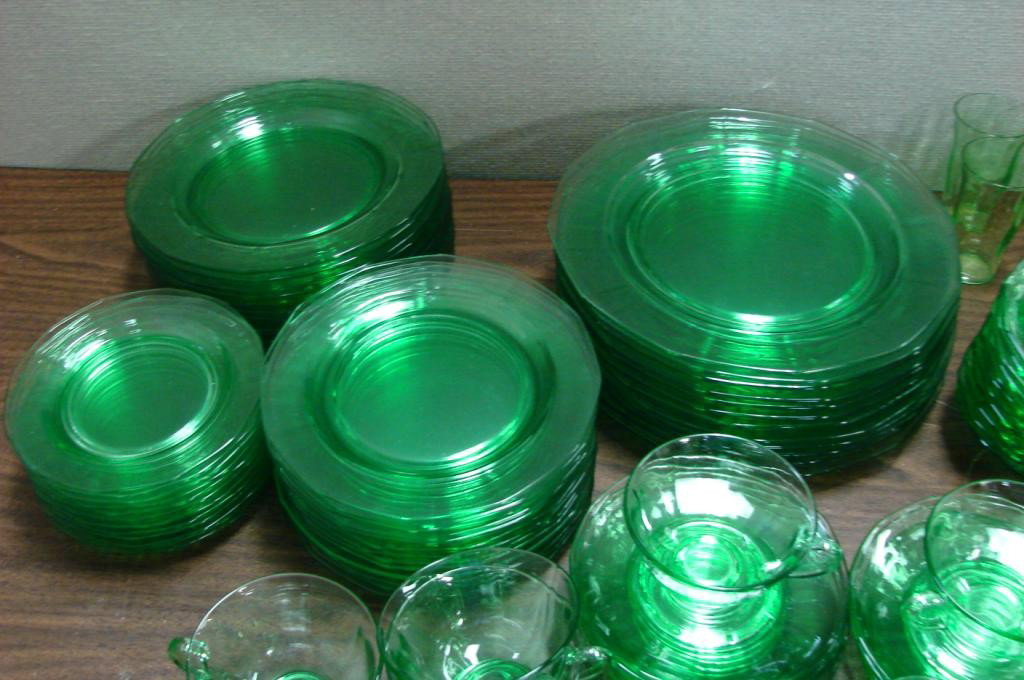 100+ Pcs. Fostoria Fairfax Green Depression Glass: 100+ Pcs. Fostoria Fairfax Green Depression Glass, 12 ea. dinner, lunch,salad & bread plates, cups & saucers, fruit bowls, 14 juice glasses (2 sizes); veg & gravy, salt & pepper (no tops) + 10 pcs of 