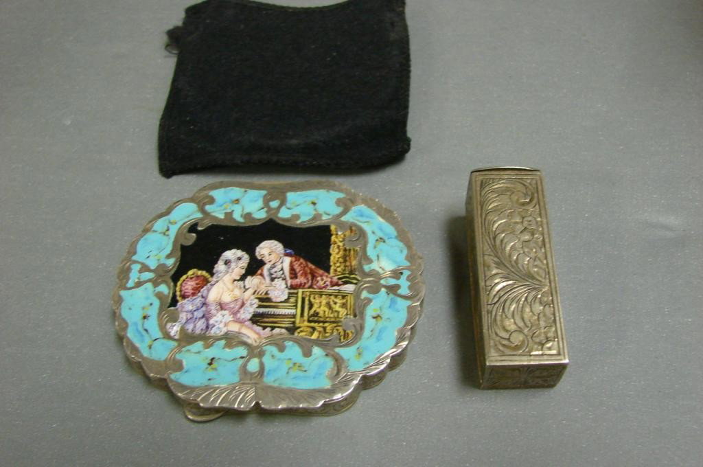 Vintage Enameled Powder Compact & Lipstick .825: Vintage Enameled Powder Compact & Matching Lipstick, Mexican silver .825. Mirror is cracked and powder and lipstick present in both pieces.