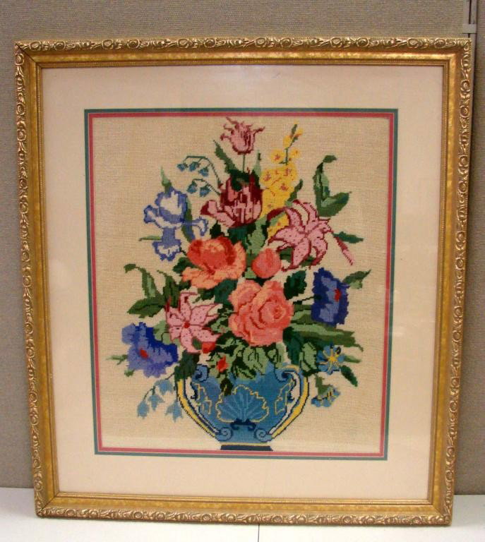 Authentic Needlepoint Vase of Flowers Framed: Authentic Needlepoint Vase of Flowers Framed, 26" x 30.