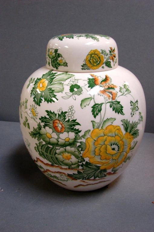 Vintage Mason's Ginger Jar Green & Yellow Floral: Large Mason's Ironstone Ginger Jar - Green & Yellow Floral, 9" tall, with lid, no chips or cracks.