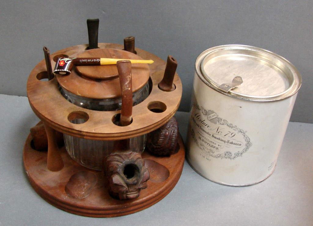 Pipe Rack, 5 pipes, Vintage Tobacco: Pipe Rack, 5 pipes - two are carved, Vintage Tobacco Tin from Sutliff