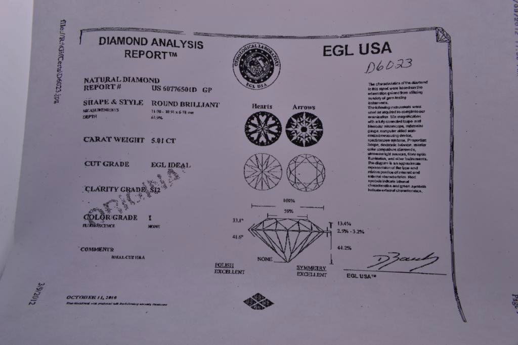 5.01ct Loose Diamond with EGL Cert: 5.01ct Loose Diamond with EGL Cert . Round Brilliant Cut, Cert # US 60776501D GP, EGL IDEAL, Clarity SI 2, Color I , Fluorescence NONE, 10.91mm, Wholesale Rapp value $82,665