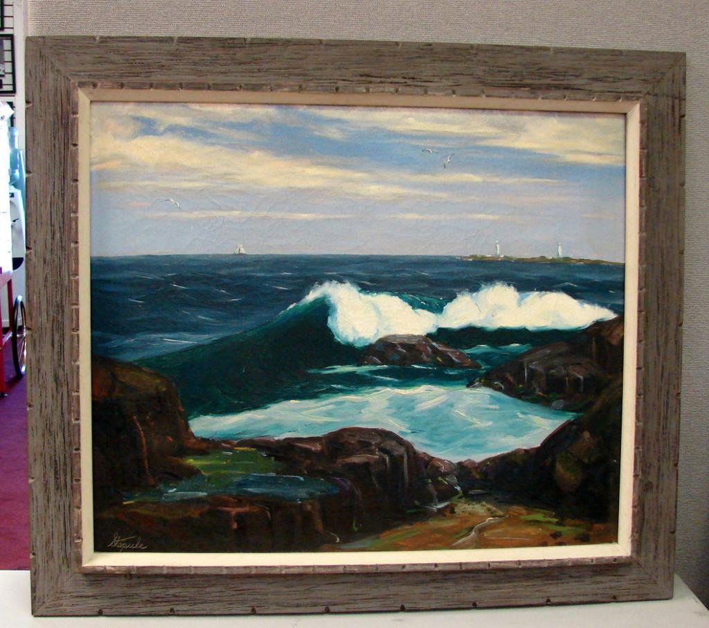 Original Oil Breaking Waves by Charles Stepule: Framed in weathered wood Original Oil of Breaking Waves by Charles Stepule, 31.5" x 36.5". He is especially noted for harbor scenes of Gloucester and Rockport, Massachusetts. He was a long-time reside