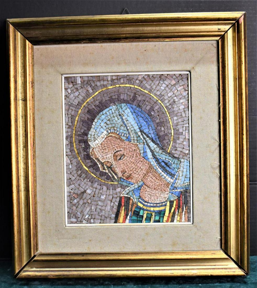 Mosaic Framed Art: Mosaic Framed Art. Measures 15"x16". Gold matted frame. Edges of the frame are very loose. Some spots on the matted frame. Comes with hand written letter. Mosaic ceramic depicts religious figure. Stic