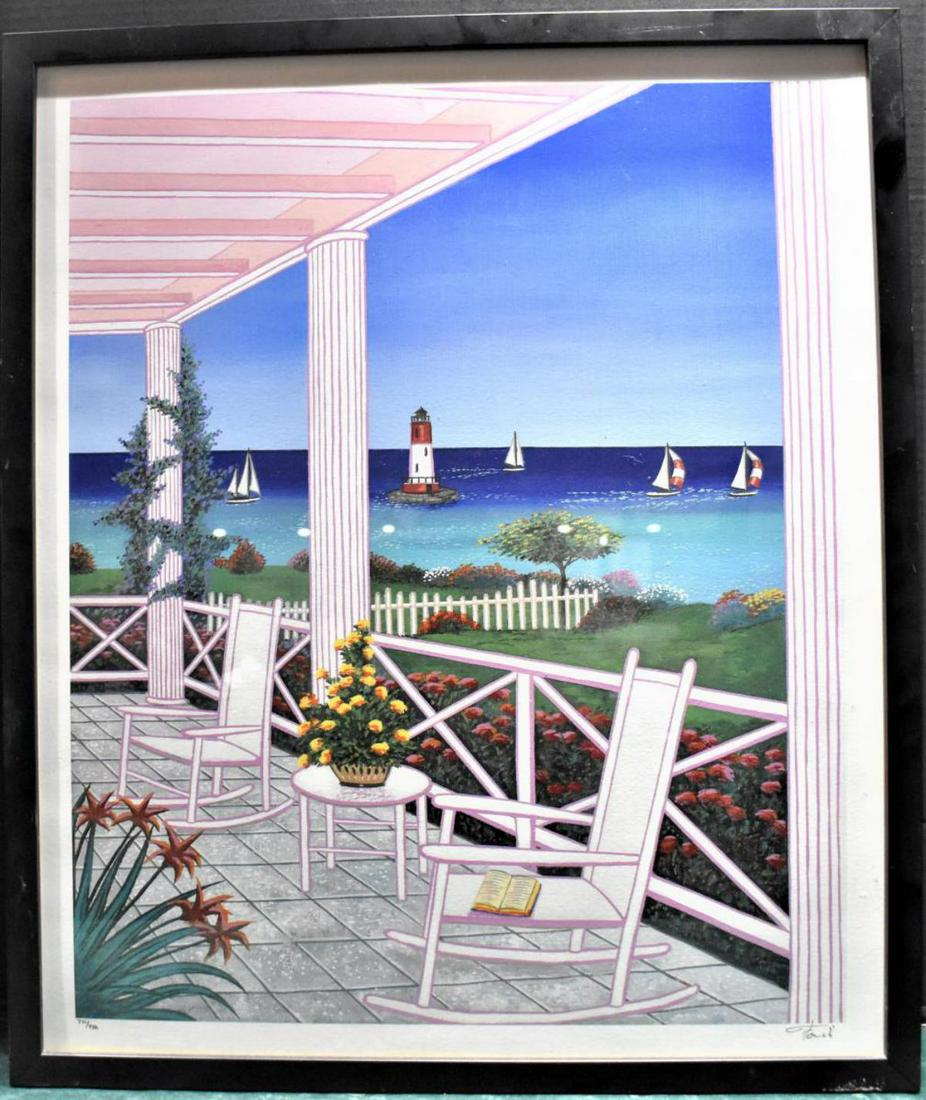 Serigraph By Francois Ledan: Serigraph By Francois Ledan. framed art measures 20 1/2"x24 1/2". Titled "Cape Cod Lighthouse". Seriolithograph in color on paper. Signed in ink lower right and numbered. from the numbered proof of 95