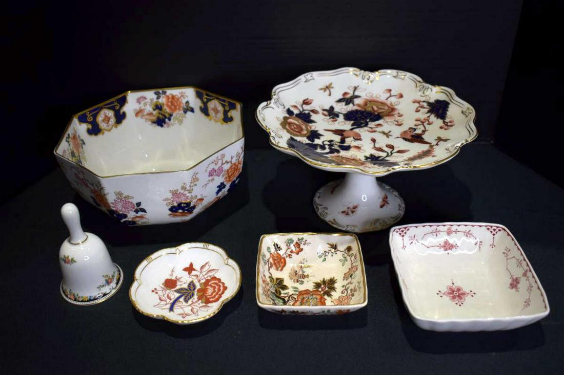 Group Of Collectibles: Group Of Collectibles. Consists of Wedgwood mini bell. Measures 4" in height. Mason's candy/nut dish. Measures 1 1/2"x4". Derby China nut/candy dish. Measures 1"x4 1/2". Franciscan nut/candy dish. Mea