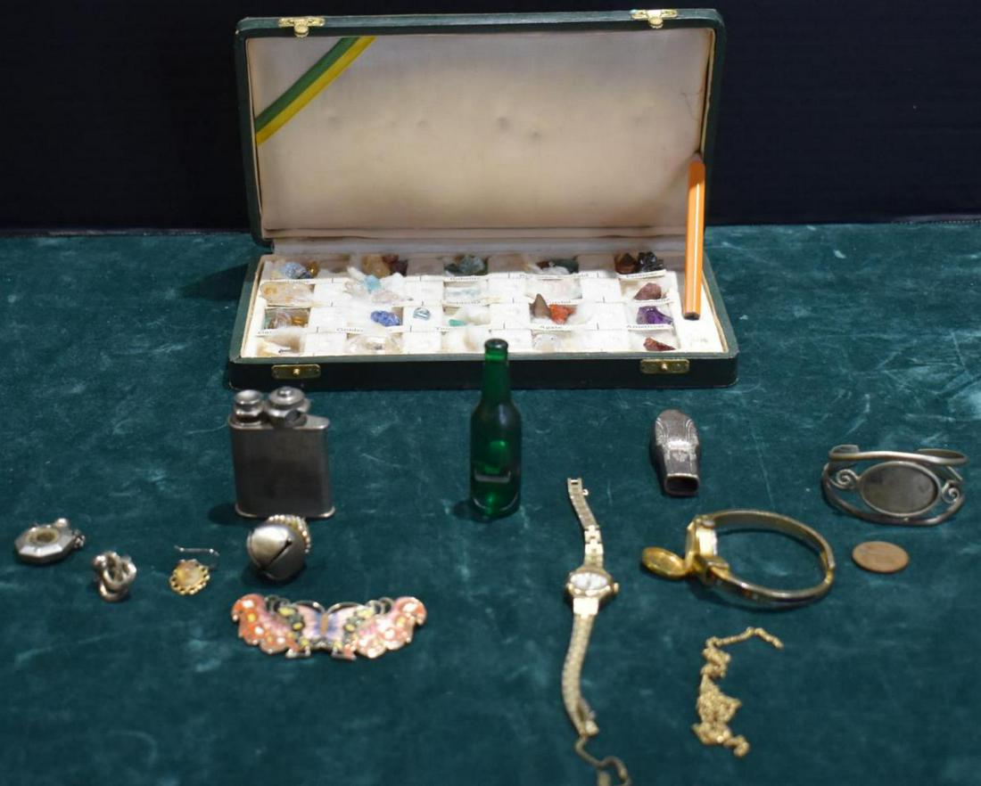Group Of Collectibles: Group Of Collectibles. Consists of a bottle opener 2 1/2" in diameter. Pair of women watches. Box of assorted stones, Marque Deposee Splendor lighter. Swiss made. Stands 2" in height. Also included ar