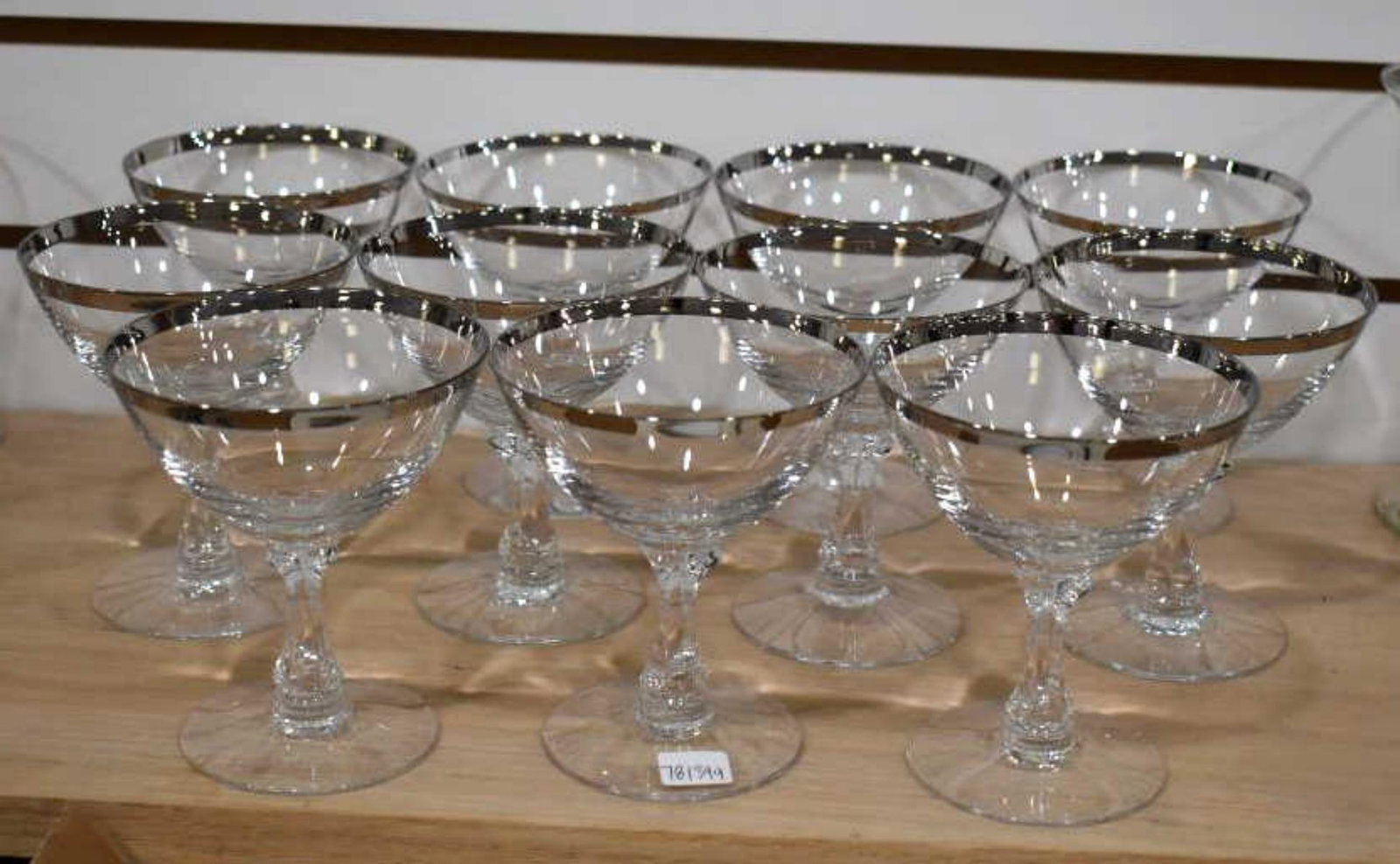 Group Of Platinum Rim Cocktail Glasses: Group Of Platinum Rim Cocktail Glasses. Total of 11 cocktail glasses in the group. Measures 4 1/2" in height. Platinum rim on each glass. All glasses are in excellent condition.