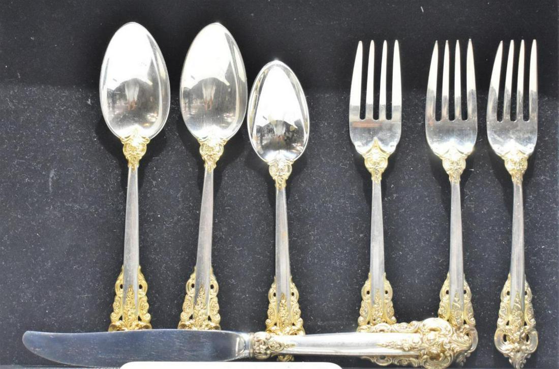 Grande Baroque by Wallace Gold Accent Flatware: Grande Baroque by Wallace Sterling Gold Accent Flatware 3) salad forks, 2 table spoons, 1 tea spoon, & 1 place knife, weighs 10.5