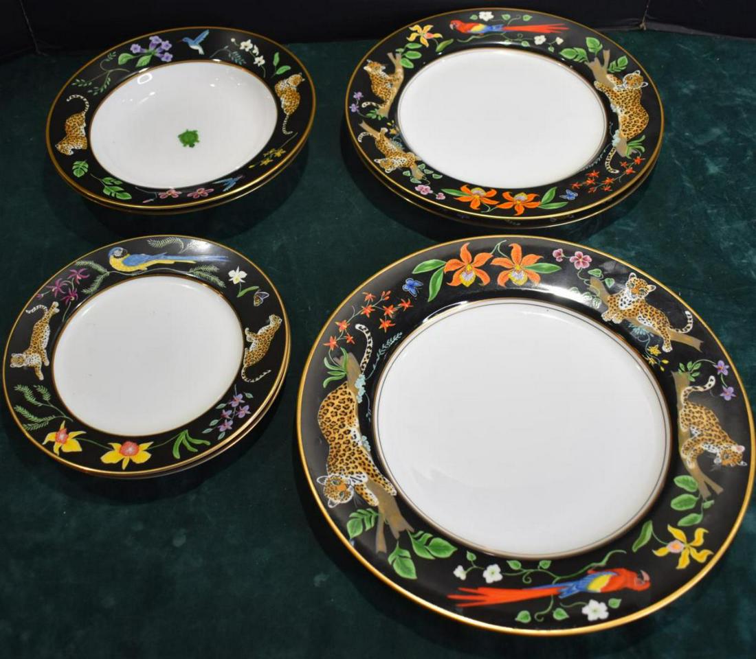 Lynn Chase "Jaguar Jungle" China: Lynn Chase "Jaguar Jungle" China. Total of 7 pieces of china in the group. Chase Jaguar Jungle decorated with 24 karat gold located on the back of the plates. Made in Japan. Consists of 2 dessert plat