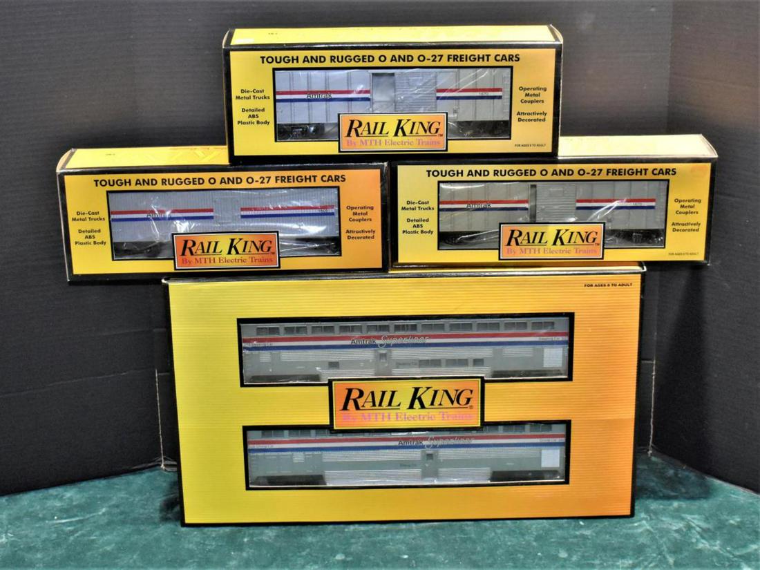 Rail King By MTH Amtrak 0 Gauge Train Cars: Rail King By MTH Amtrak 0 Gauge Train Cars,includes 2 Mail Box Cars 30-7421, Semi Scale Reefer Car 30-7811, and Super Liner 30-6501 Sleeper & Dinner Car