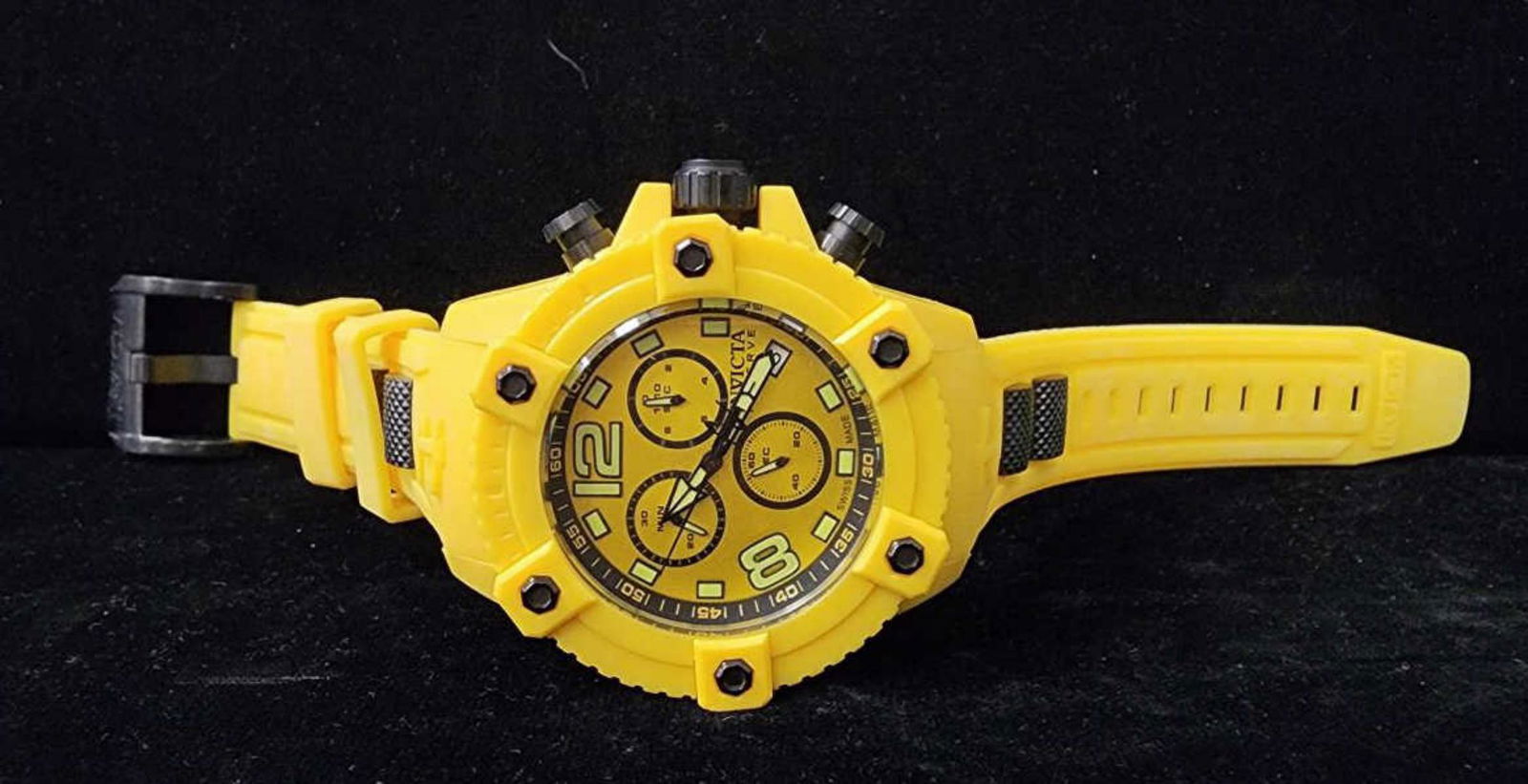 Men's Invicta Reserve Octane quartz watch: Men's Invicta Reserve Octane quartz watch, model 17294, featuring a 50mm case, yellow dial with 3 sub-dials, quartz movement and yellow polyurethane band.
