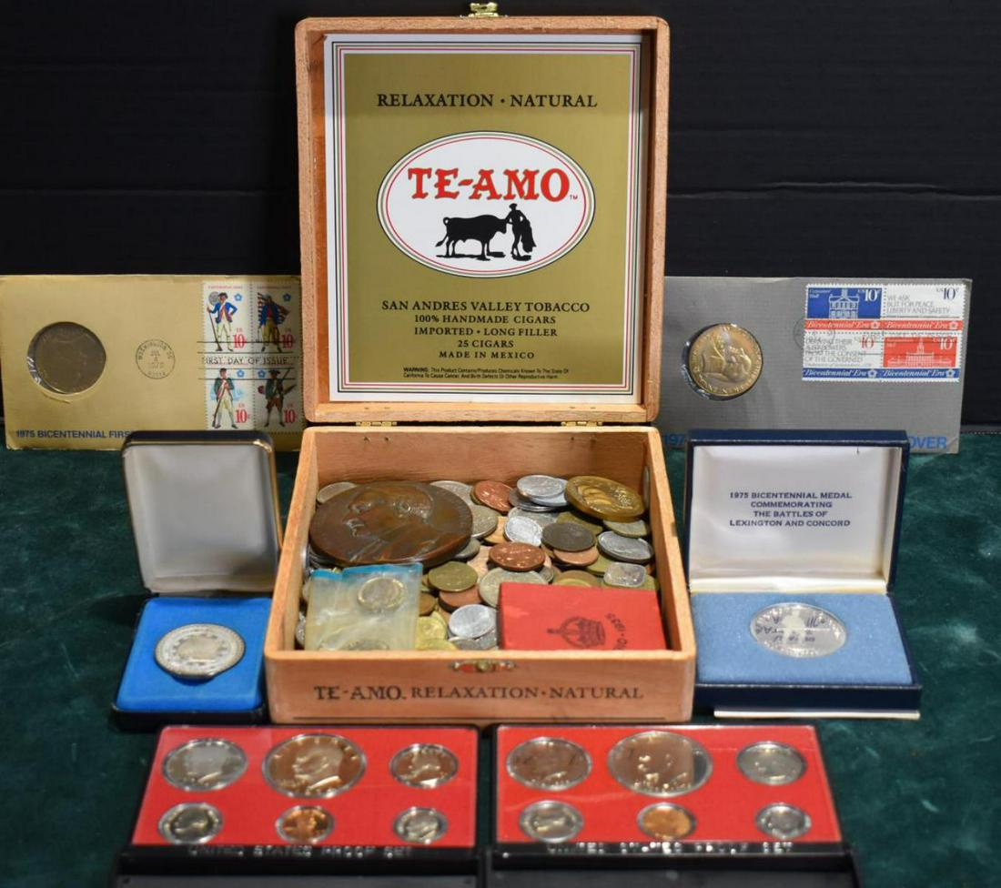 Lot of US & Foreign Coins: Lot of US & Foreign Coins. Consists Warren C. Harding Medal. Pair of United States Proof Sets. 1974 Bicentennial First Day Cover & Coin. 1975 Bicentennial First Day Cover & Coin. Various foreign coins