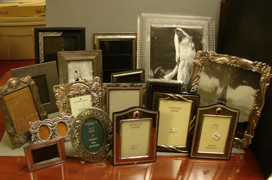 Lot of 17 Picture Frames, Assorted Brass: Lot of 17 Picture Frames including 8 x 10 Wallace Silver Plate, Assorted Brass figurines and covered boxes.