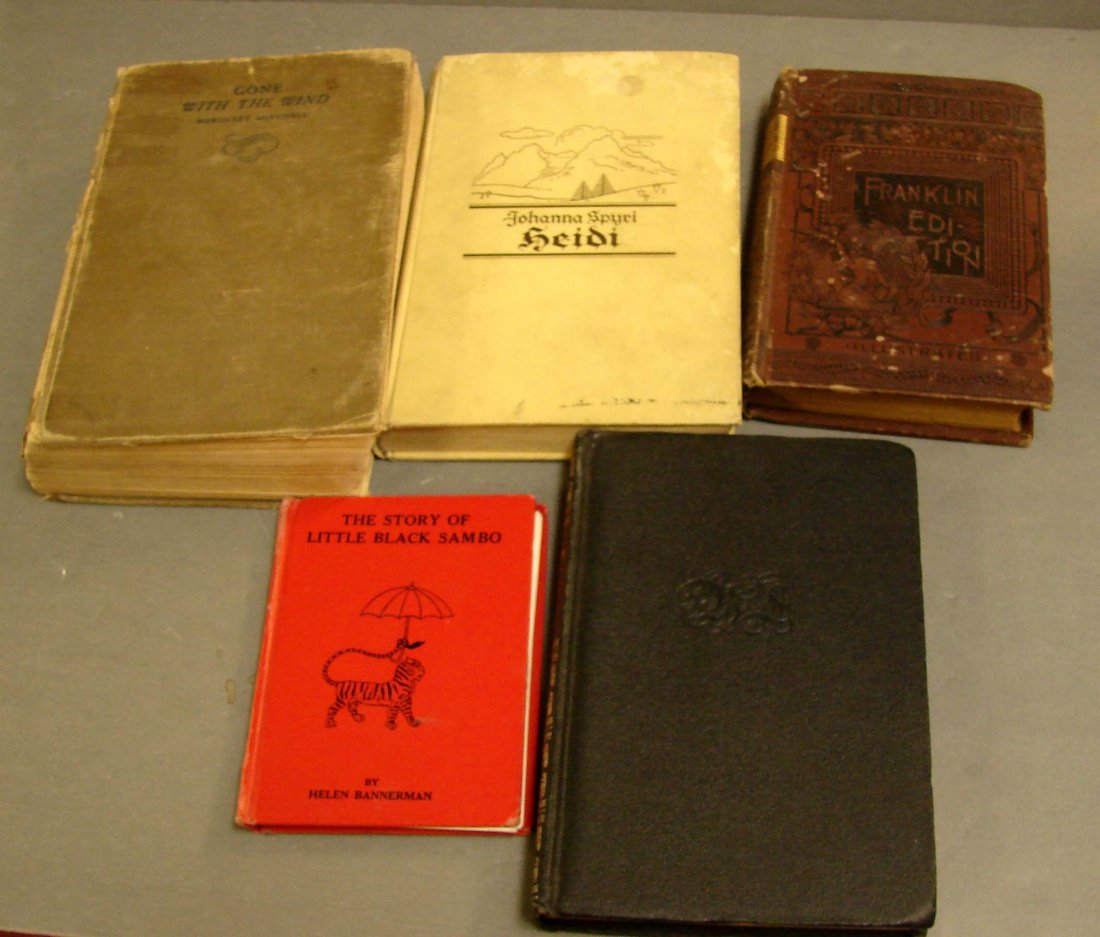 Vintage Books: Gone With the Wind, Ltl Black Sambo: Lot of vintage books: Gone With the Wind, 1936 edition Sept. printing, Little Black Sambo "the only authorized American Edition", Heidi 1933 in German, Young Folks Stories of Heroic Deed 1889, and Hun