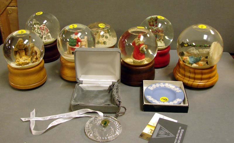 7 Musical Snow Globes, Waterford Ornament, Wedgwd: 7 Musical Snow Globes, all play, (scene inside one has come loose) Waterford Ornament and Wedgwood ashtray, both with original boxes.