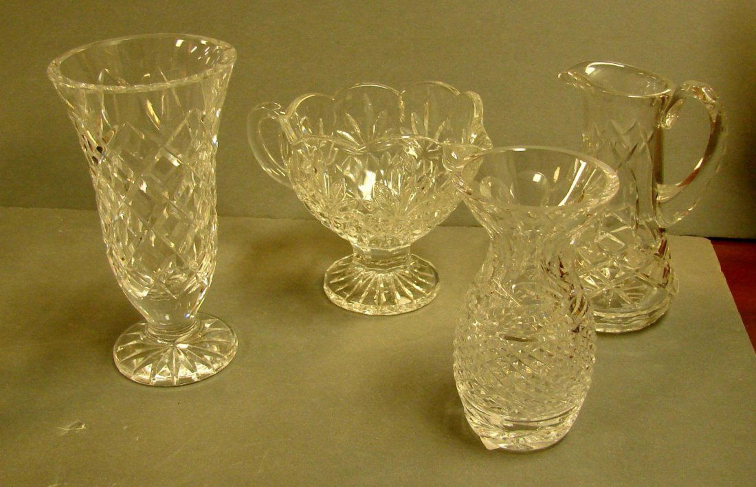 Waterford Crystal Vase, 2 crystal pitchers, bud va: Waterford crystal vase 7" tall, crystal bud vase and 2 crystal pitchers, unmarked; No chips.