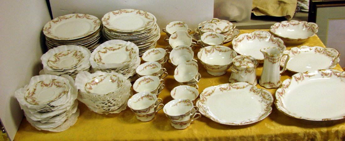 112 pcs. Antique Theodore Haviland Limoges China: Antique Theodor Haviland Limoges China, 12 dinner, lunch & bread plates, 12 fruit dishes, 12 cream soup, 12 cups, 24 saucers, 2 oval platters 16" & 12", round dish, 2 veg., mini tureen w/lid & under p