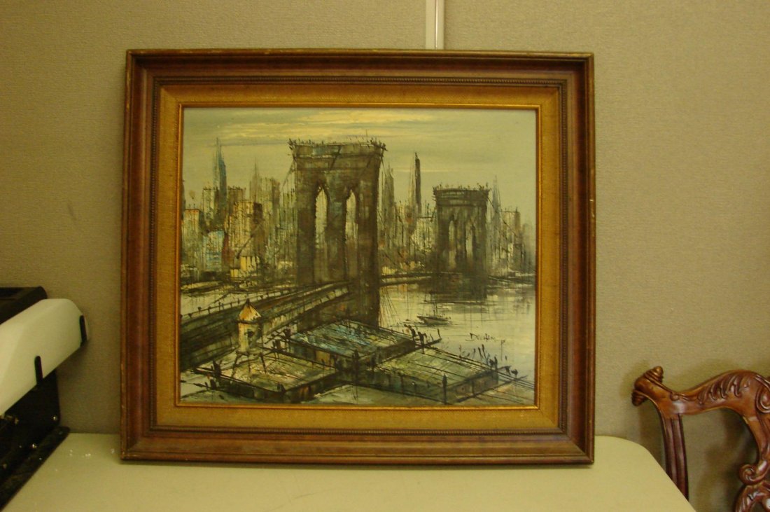 Vintage Original Oil of Brooklyn Bridge Duchamp: Vintage Original Oil of a Bridge signed Duchamp, framed 31" x 27"