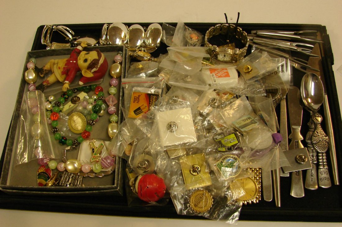 Lot of Costume Jewelry, pins, Muppets Flatware: Lot of Costume Jewelry including many lapel pins, a set of Muppets Flatware, watches, cocktail forks, etc.