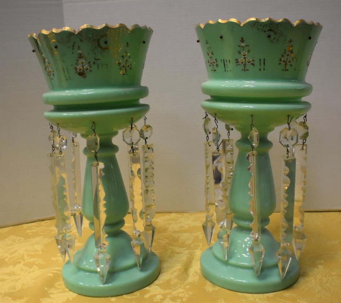 Pair Of Bristol Custard Mantle Lusters W/ Crystal: Pair Of Bristol Custard Mantle Lusters W/Crystal. Measures 14 1/2" in height. Mantles come with additional crystals. Bristol Custard mantles are in great condition.