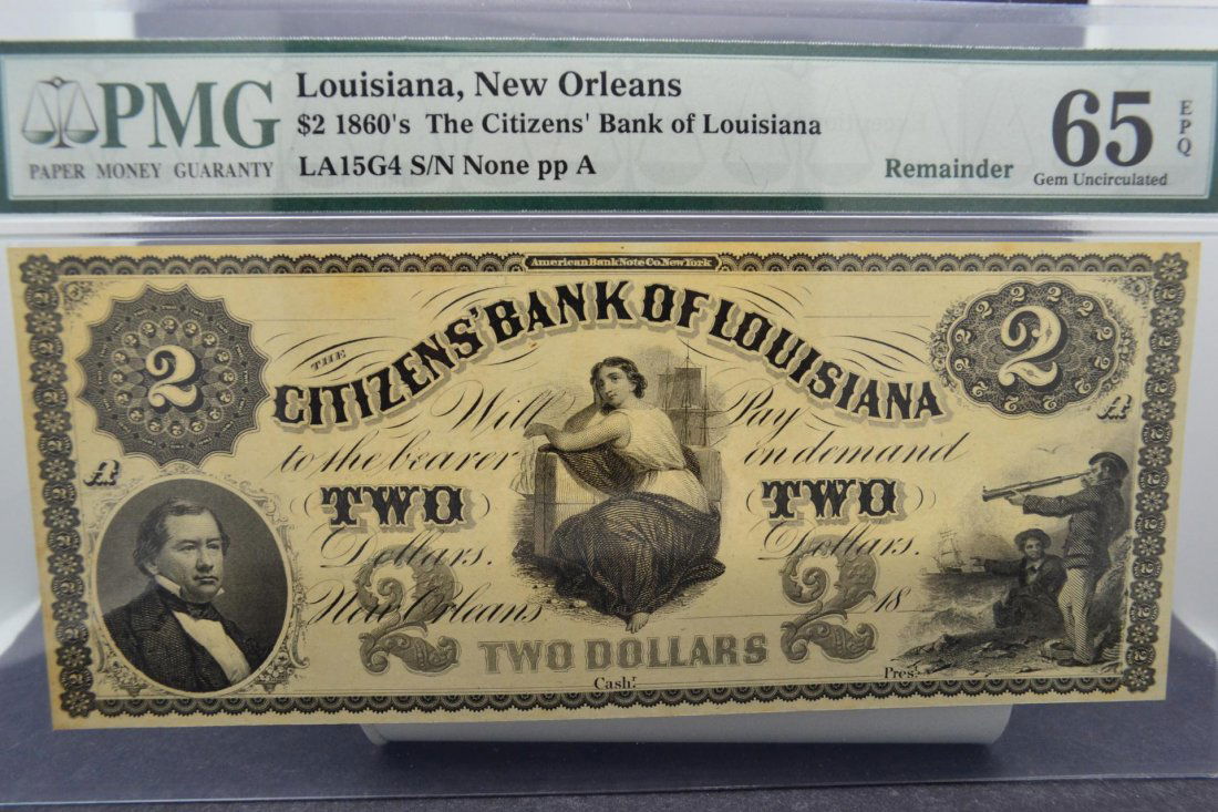 1860 $2 The Citizens Bank of Louisiana PMG GU 65: 1860 $2 The Citizens Bank of Louisiana PMG Gem Uncirculated 65 LA154G4 S/N None pp A EPQ