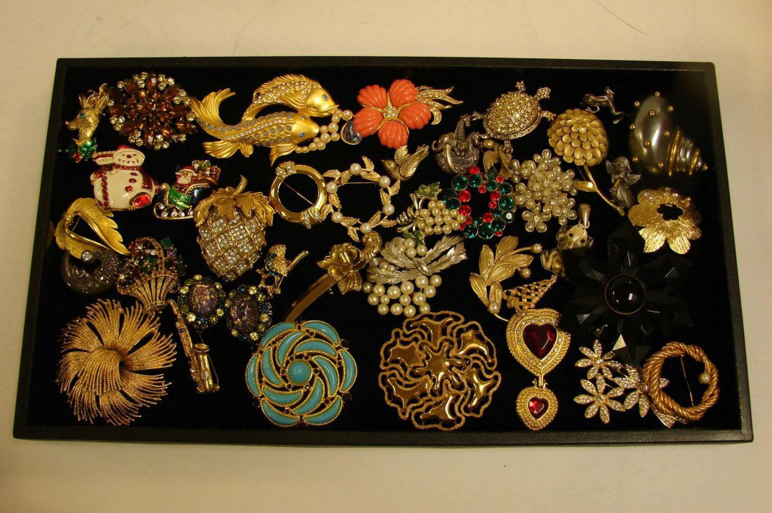 Vintage Lot Costume Jewelry - Pins, many signed: Vintage Lot Costume Jewelry - mostly Pins, many signed including Monet, Trifari, Coro, KJL, Elizabeth Taylor (2 fish), Nolan Miller, Gadoro, etc.
