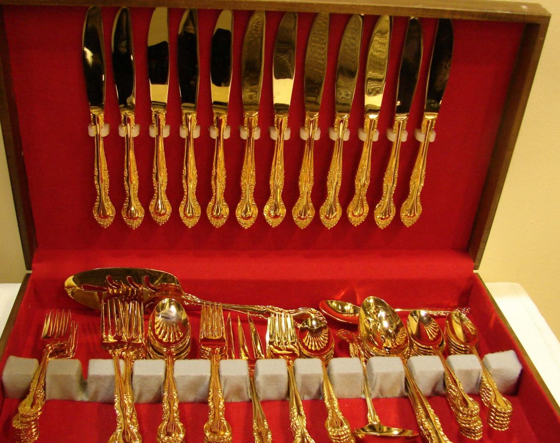 Gold Plated Flatware by Supreme Cutlery: Gold Plated Flatware by Supreme Cutlery - service for 12 plus extras and serving pieces.