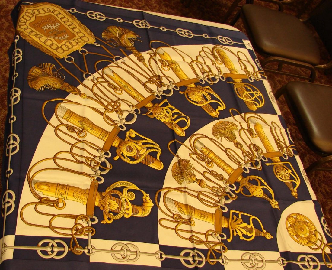 Hermes Scarf Cliquetis - Blue & Gold 1972: Hermes Scarf Cliquetis - Blue & Gold on creamy white background; silk twill w/hand rolled edges - Julia Abodie design from 1972