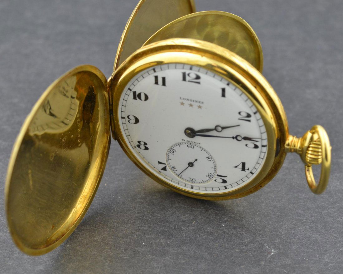 18k yg Longines 15 Jewel Pocket Watch: 18k yg Longines 15 Jewel Pocket Watch. Three Star model #4080638, 49mm case. Grands Prix 7 Series, Length 2", 76.5gr