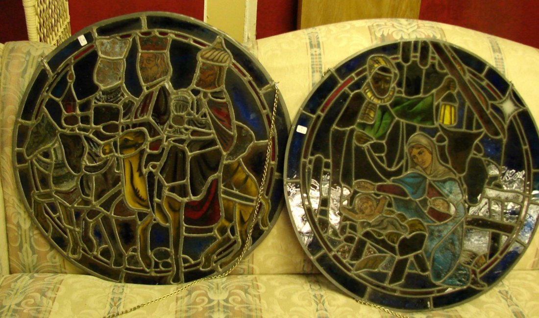2 Round Stained Glass Hangings - Signed by Pat Sax: 2 round stained leaded glass hangings, signed by Pat Sax, one picturing the Mary, Joseph and the Baby Jesus and the other the 3 Wise Men; 22" dia. Consignor claims they were salvaged from a church; th