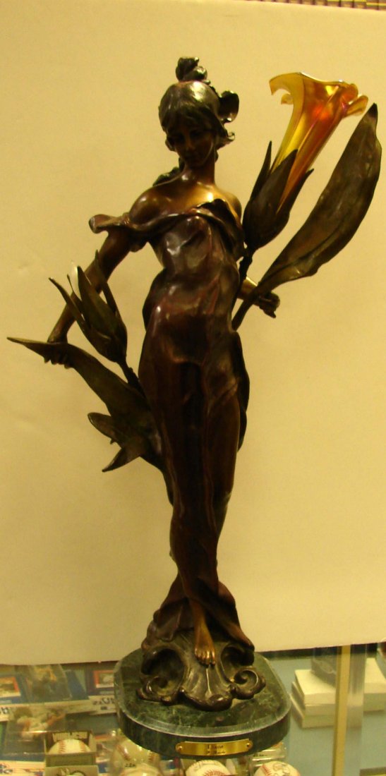 Bronze "Diane" by Pierre Roche Foyer Lamp: Bronze "Diane" by Pierre Roche Foyer Lamp, Art Nouveau style; only one iridized gold shade. 26" tall.