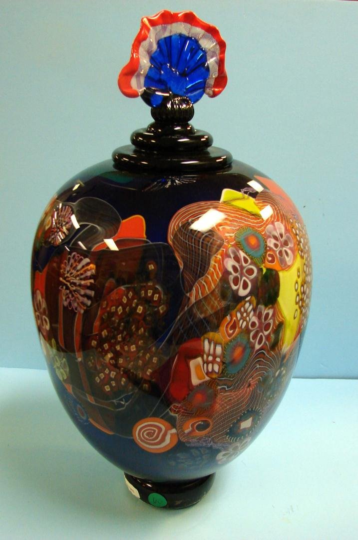 Cobalt Colorfield Fanned Lid Vase by Wes Hunting: Cobalt Colorfield Fanned Lid Vase by Wes Hunting, signed 18" tall, approx. 10"wide. COA from Barry Chappell's Fine Art Showcase. Wes came up with the title "Color Field" to refer to the intense colors