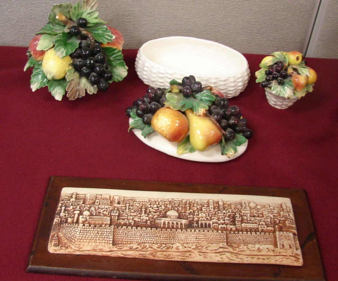 3 pcs. Capodimonte Flowers, Decorative Plaque: 3 pcs. Capodimonte, 2 Flower arrangements and one covered box; small chips on one arrangement, decorative plaque.