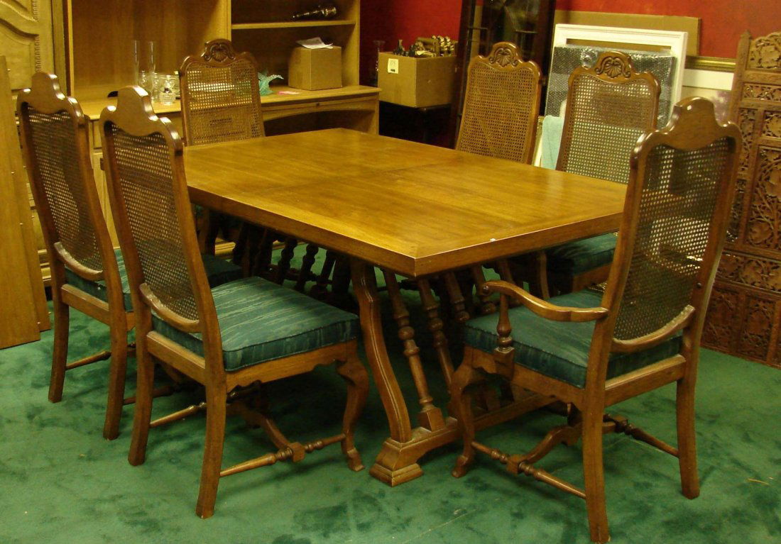 Pecan Dining Room Set - 11 pcs.: Heavy Pecan Wood Dining Room - table 68"x44" with 2 leaves, ea. 18" wide; 6 chairs & protective covers, buffet cabinet w/glass top 60" x 21" x 31" h, drop leaf serving table w/glass top, 43" x 17" x 3