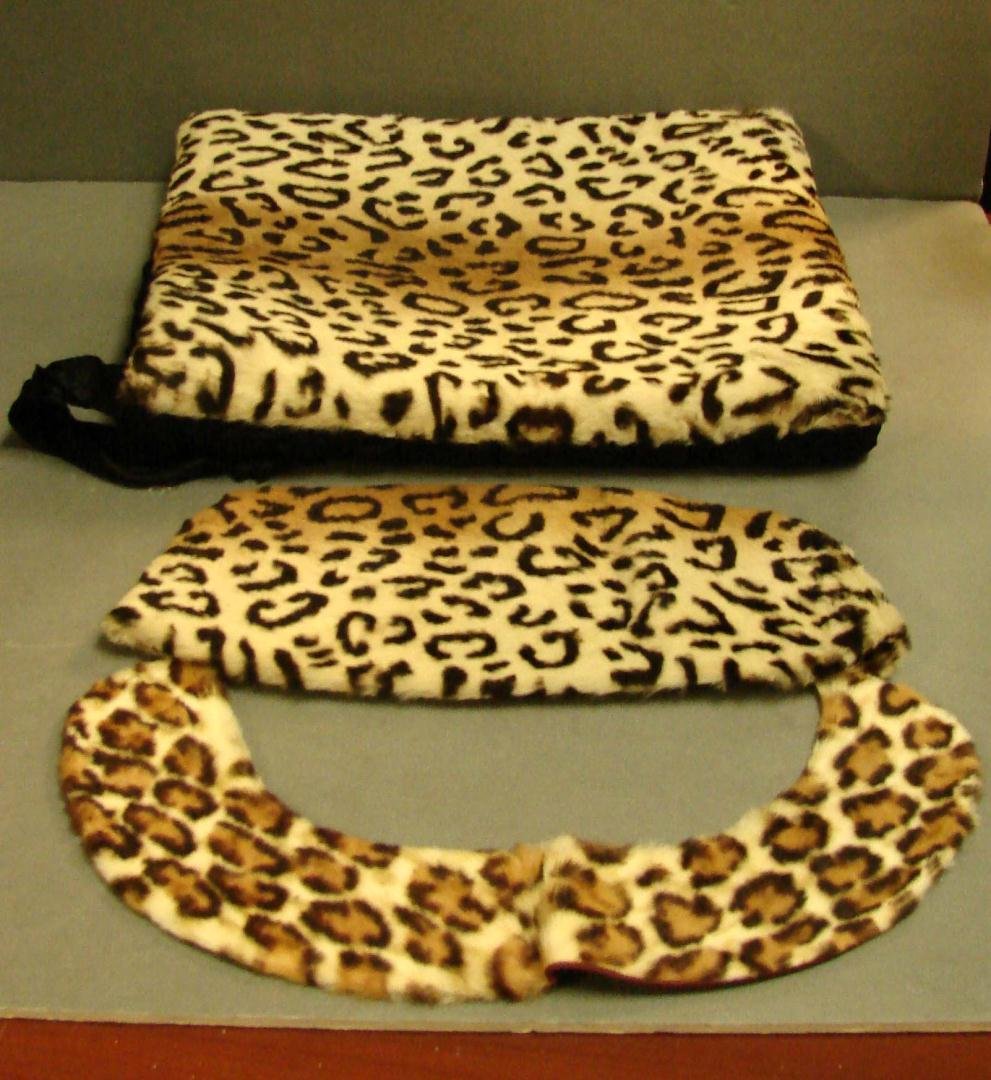 Genuine Vintage Leopard Muff, Hat & Collar: Genuine Vintage Leopard Muff 10" x 12" satin lined, Hat & Collar circa 1930-40.