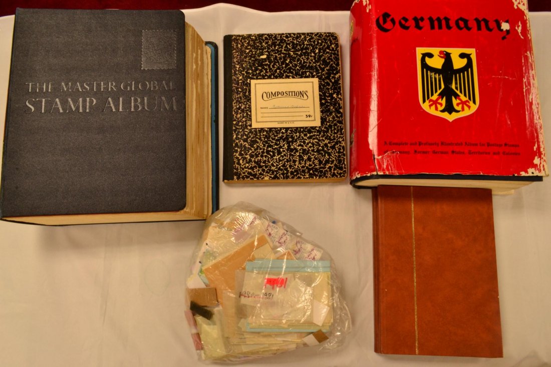 Box Lot of Stamp Albums: 1 Master Global with Minkus Stamp Album, 1 Minkus German Stamp Album, 3 Stock Books
