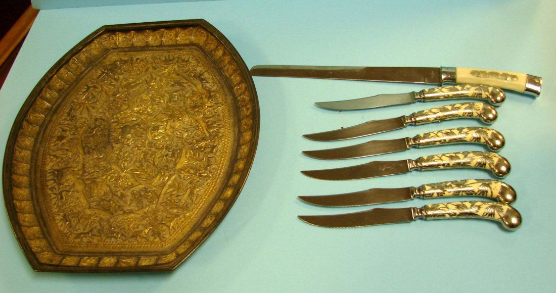 Chase Steak Knife Set, Carving Knife, Silver Tray: Chase Steak Knife Set, Carving Knife, Ornate Silver Tray (50% silver - 587 gr.)