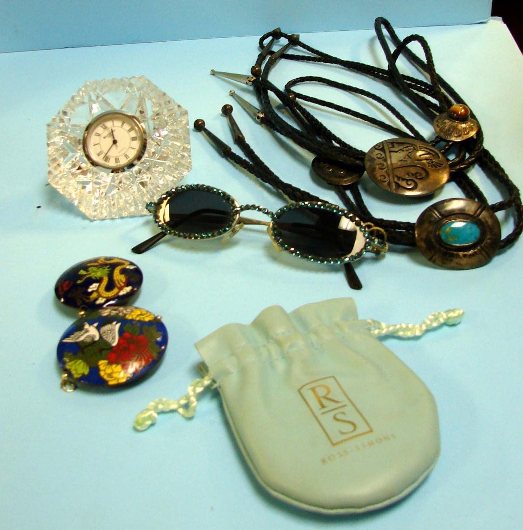 Waterford Crystal Clock, Swarovski sunglasses +++: Waterford Crystal Clock, 3.25" dia., Swarovski sunglasses, 2 cloisonné pendants, 3 bolos.
