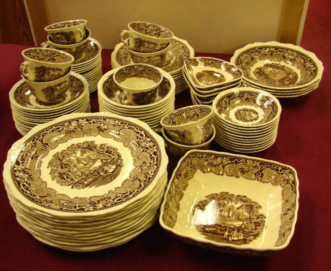 Mason's Ironstone Svc. for 12 + Many Extra Pieces: Mason's Ironstone, service for 12 plus many serving pieces including a coffee pot, pitcher, a Toast Holder, bowls, platters, etc; some discolored but most in good condition.
