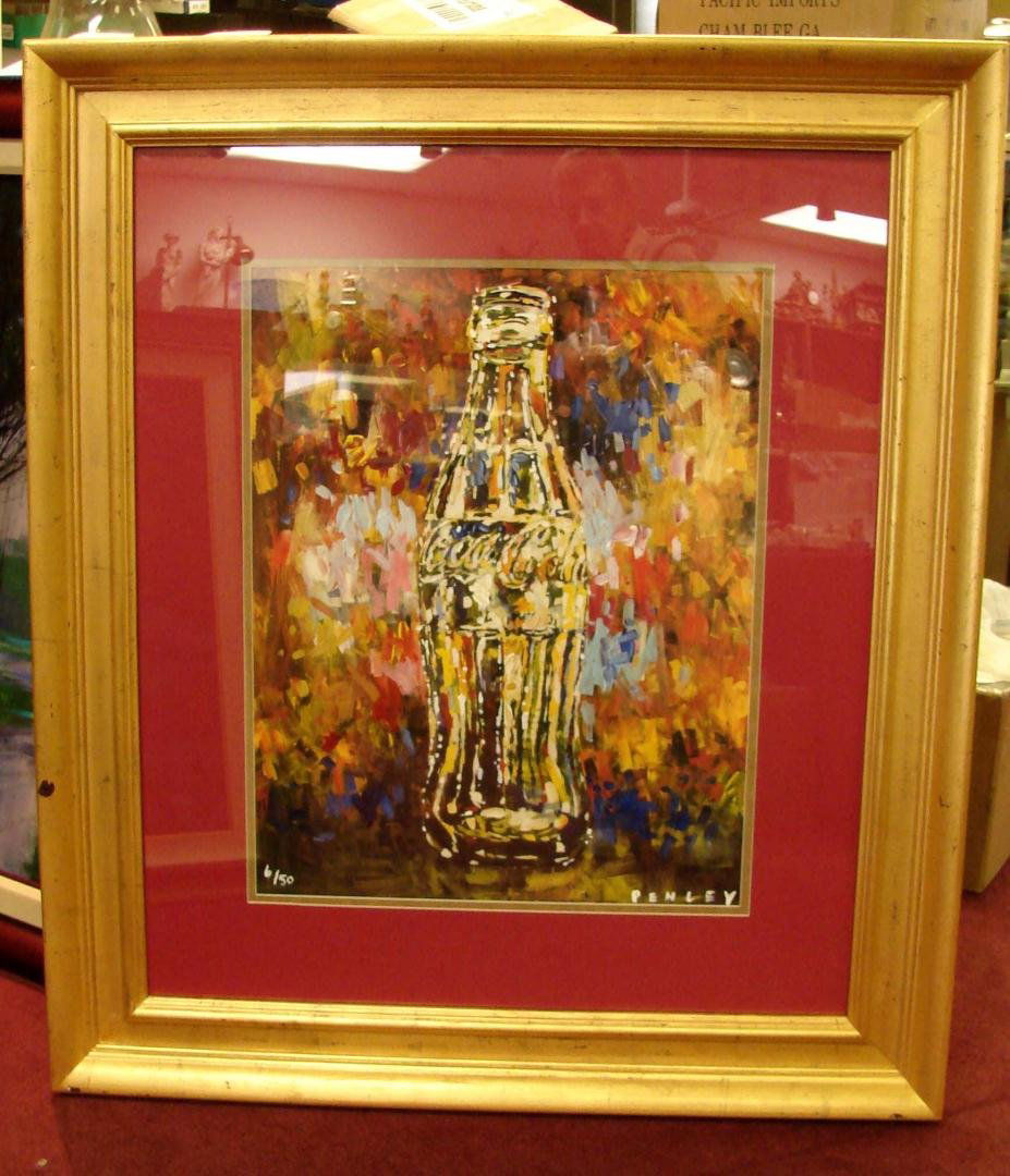 Original Giclee Coke Bottle 2 by Steve Penley: Original Giclee Coke Bottle 2 by Steve Penley, image size 22" x 28"; framed 40.5" x 46"; gold wood frame, needs small touchup on left side. #6 of 50.