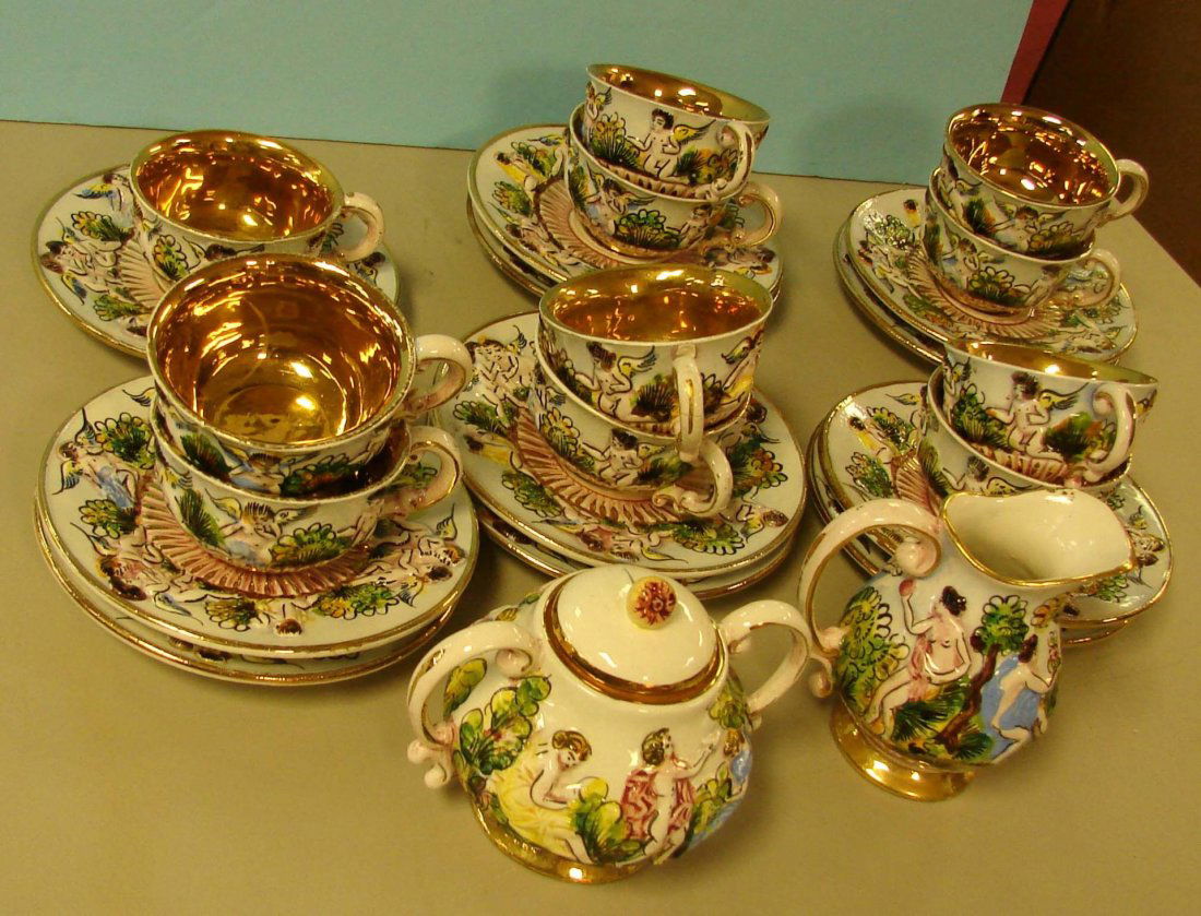 Capodimonte Cherub Cups & Saucers, Sugar & Cr.: Capodimonte Cherub Set: 9 cups and saucers, sugar and creamer. No chips.