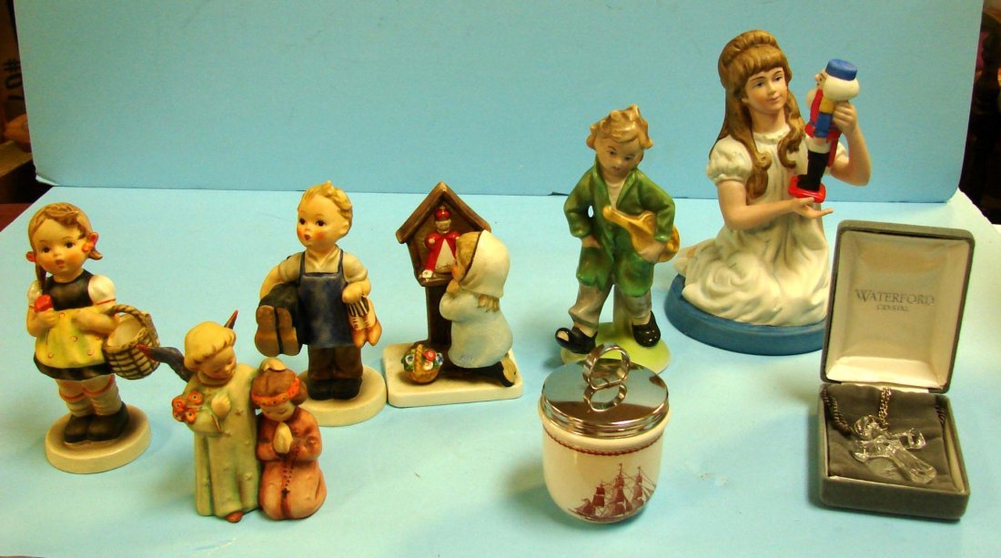 4 Hummels, Waterford Cross, Egg Coddler, German fi: 4 Hummels: Sister & Boots, small angel with a girl, TMK 2, little girl praying by a Statue, German fiddler fig., egg coddler, Waterford cross, "Clara" fig. from the Nutcracker,